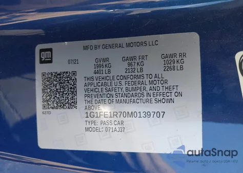 2021 Chevrolet Camaro Rwd Lt1 из США, поврежденный, VIN 1G1FE1R70M0139707